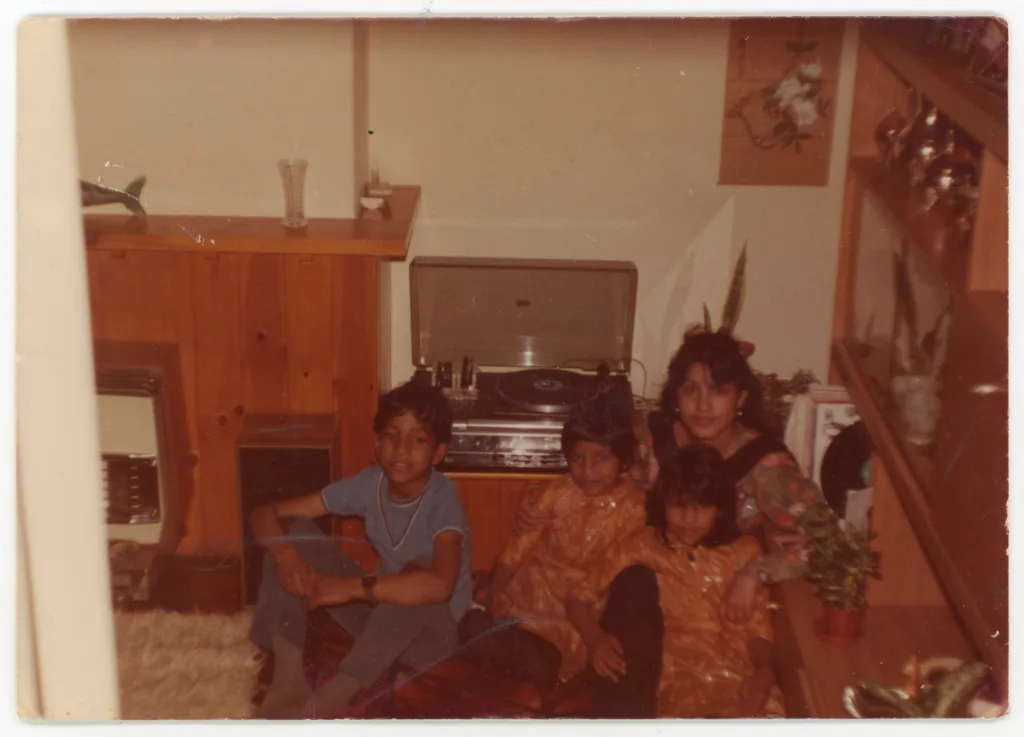 Tahir, Samia and Tahira Ashraf with Sajida Shahid, Duckworth Grove, 1980