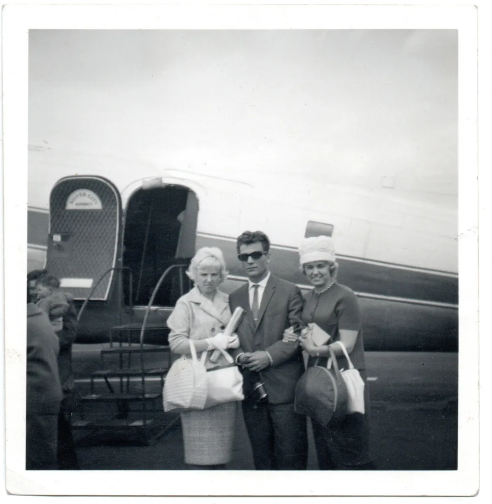 Jean and Attila Bielik, and Marjorie Waugh, Leeds Bradford Airport, c.1962