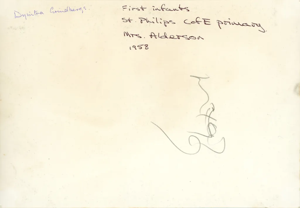 Reverse of Dzintra Grinbergs and fellow first infants class, St Philips C of E Primary School, 1958